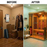 Infrared Sauna Cabin Designed for Home Wellness, Dual Glass Front, Full-Body Heating Panels, 5-Year Warranty — Before & After
