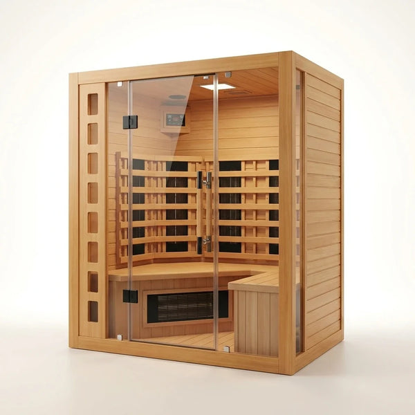 Infrared Sauna Cabin Designed for Home Wellness, Dual Glass Front, Full-Body Heating Panels, 5-Year Warranty — Studio Shot
