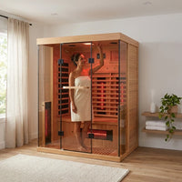 Infrared Sauna Cabin Designed for Home Wellness, Dual Glass Front, Full-Body Heating Panels, 5-Year Warranty — Lifestyle
